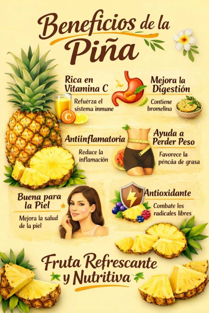 Descubre los beneficios de la piña para la salud, sus propiedades nutricionales y cómo consumirla para mejorar la digestión, la piel y el sistema inmune.